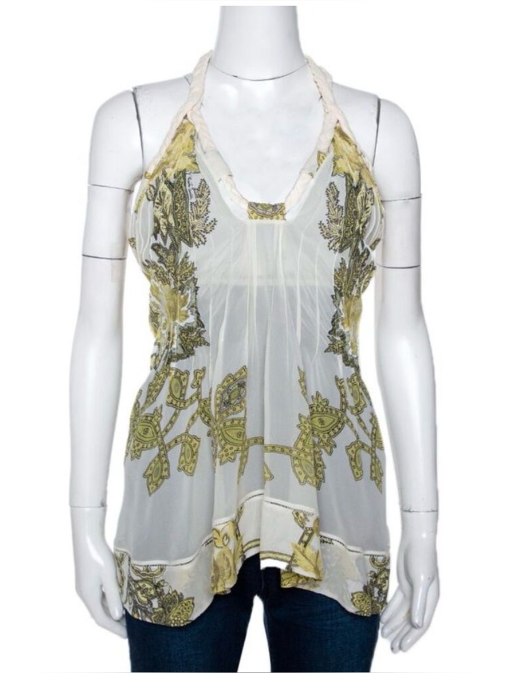 Roberto Cavalli Cream Printed Silk Sheer Halter Top